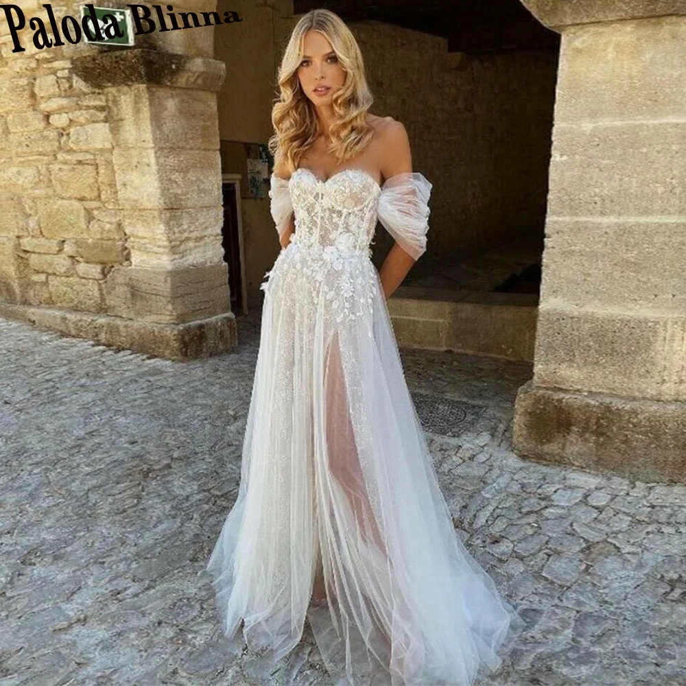

Paloda Pastrol Bling Tulle Wedding Gown For Bride Slit Off The Shoulder Sweetheart Court Train Half Sleeves Pleat Appliques