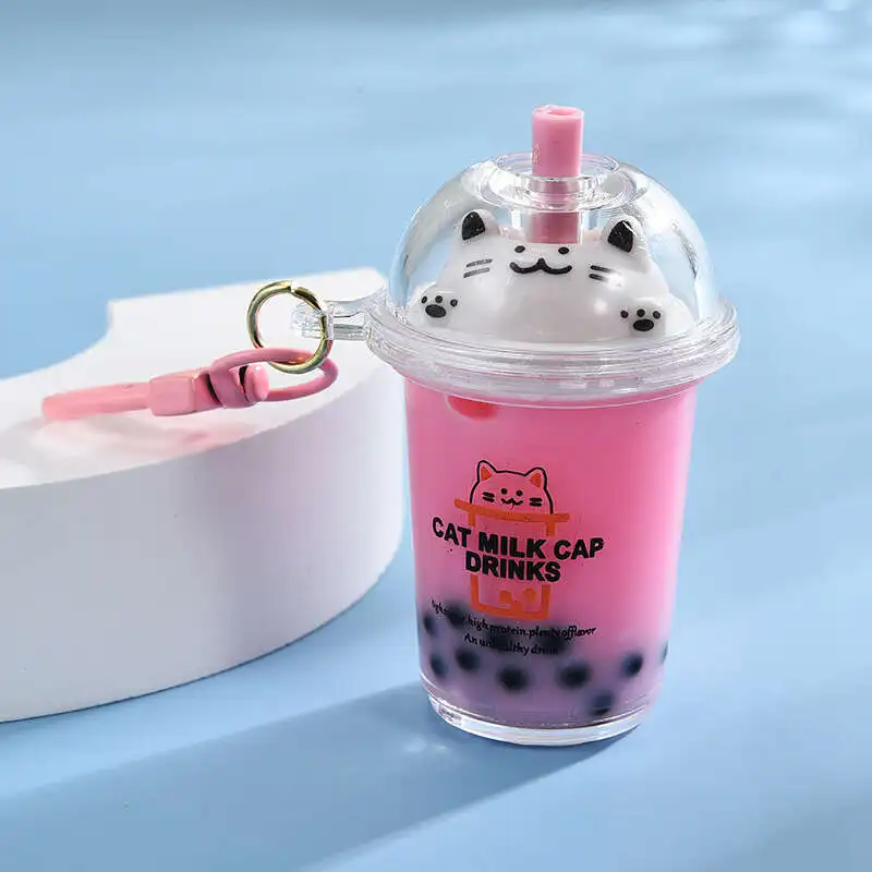 Creative Cute Cup Cat Pearl MilkM чай Keychain сетки красный поток бутылка с песком цепочка