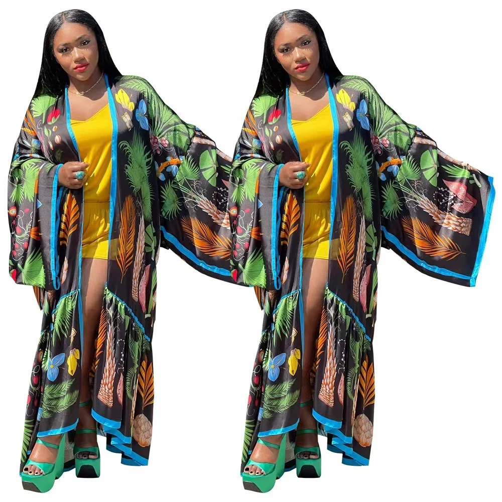 

New Women Fashion European Printed Boho Sexy Bikini Long Sleeve Cardigans Oversize Traditional African Muslim Party Kimonos