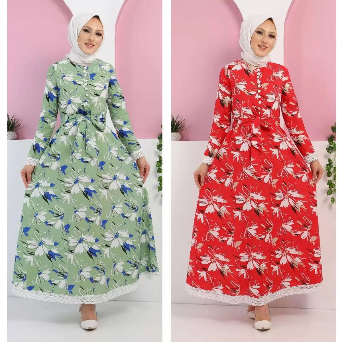Lace Detailed Floral Dress Long Sleeve Buttoned Collar Women's Clothing Muslim Fashion Hijab Bonnet  Islamic Turkey Abaya Scarf