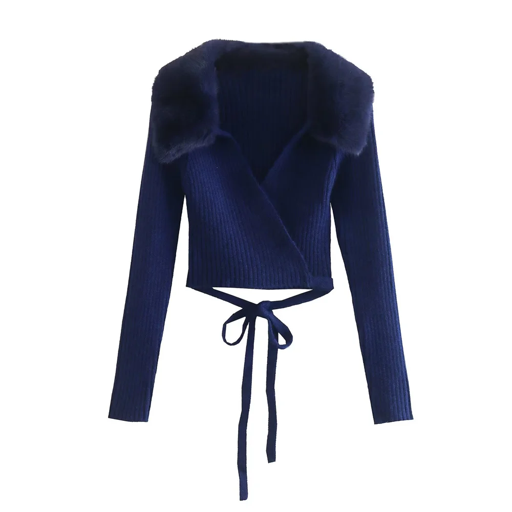 

Женский Короткий трикотажный свитер с лацканами и длинными рукавами на шнуровке