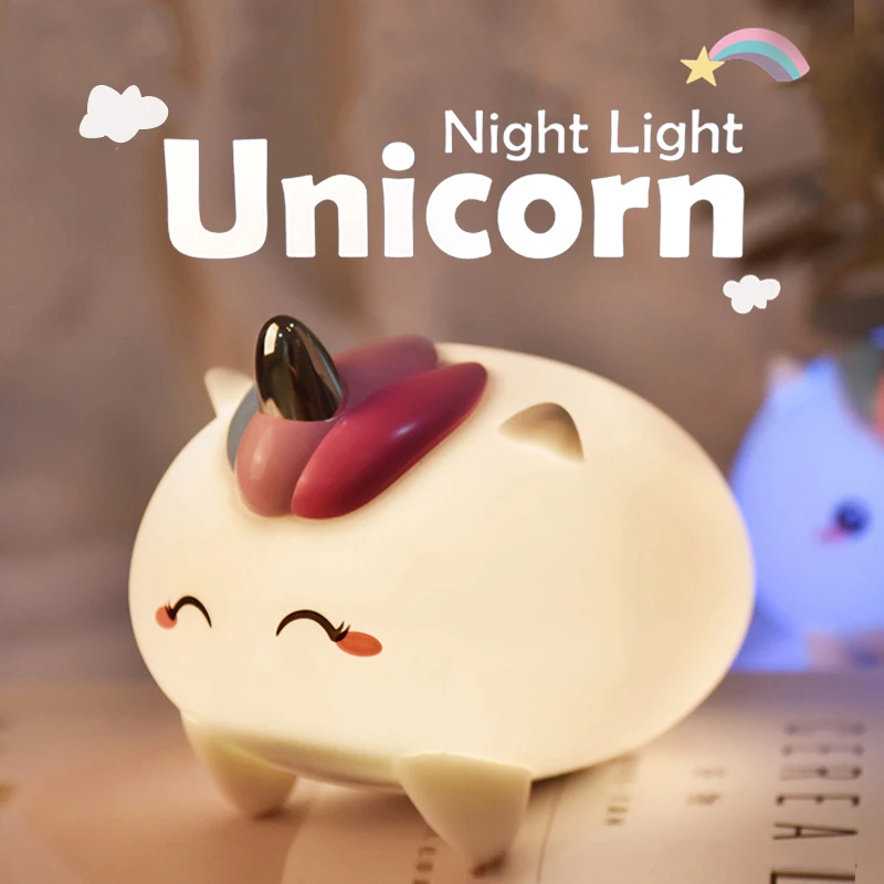 

LED Silicone Unicorn Night Light For Children's Gift Colorful Lamp Bedroom Decoration USB Rechargeable Cartoon Anime Touch Light