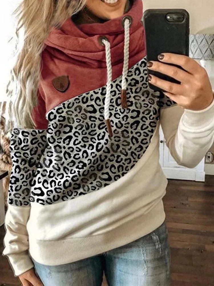 

Women's Hoodies Leopard Print Color Block Hooded Sweatshirts Drawstring Casual Long Sleeve Pullover Tops Vintage Harajuku 2022