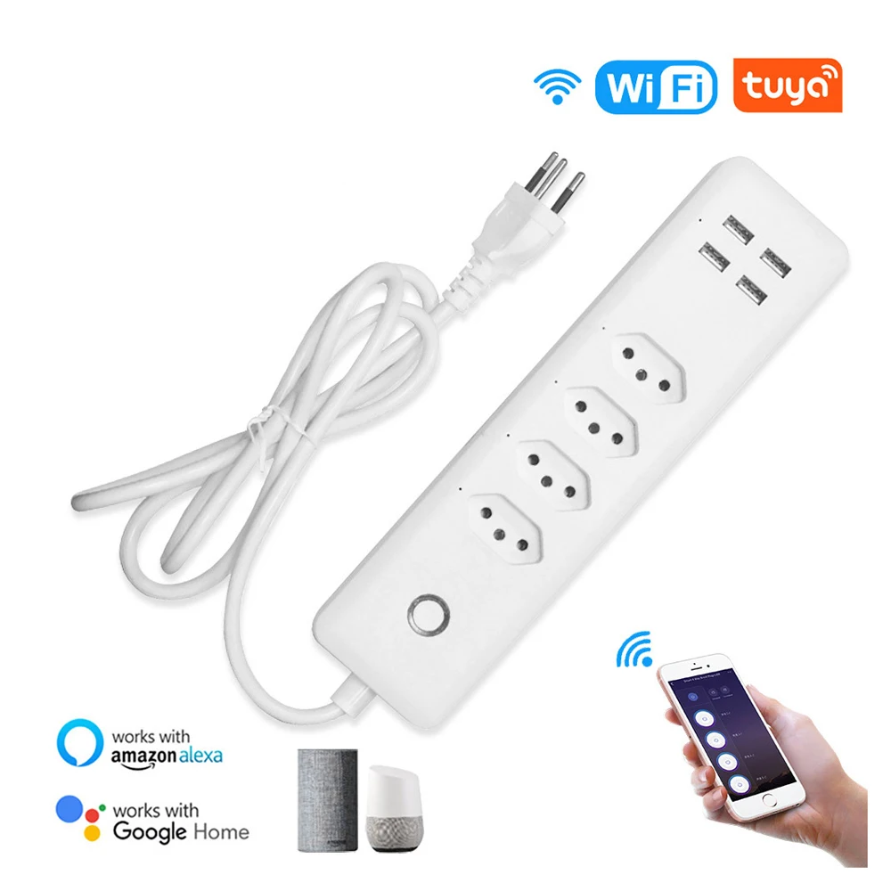 Купи WiFi Smart Power Strip Brazil Plug 4 Outlets 4 USB Ports Outlets Work with Alexa Google Home Tuya Remote Control Power Strip за 2,301 рублей в магазине AliExpress