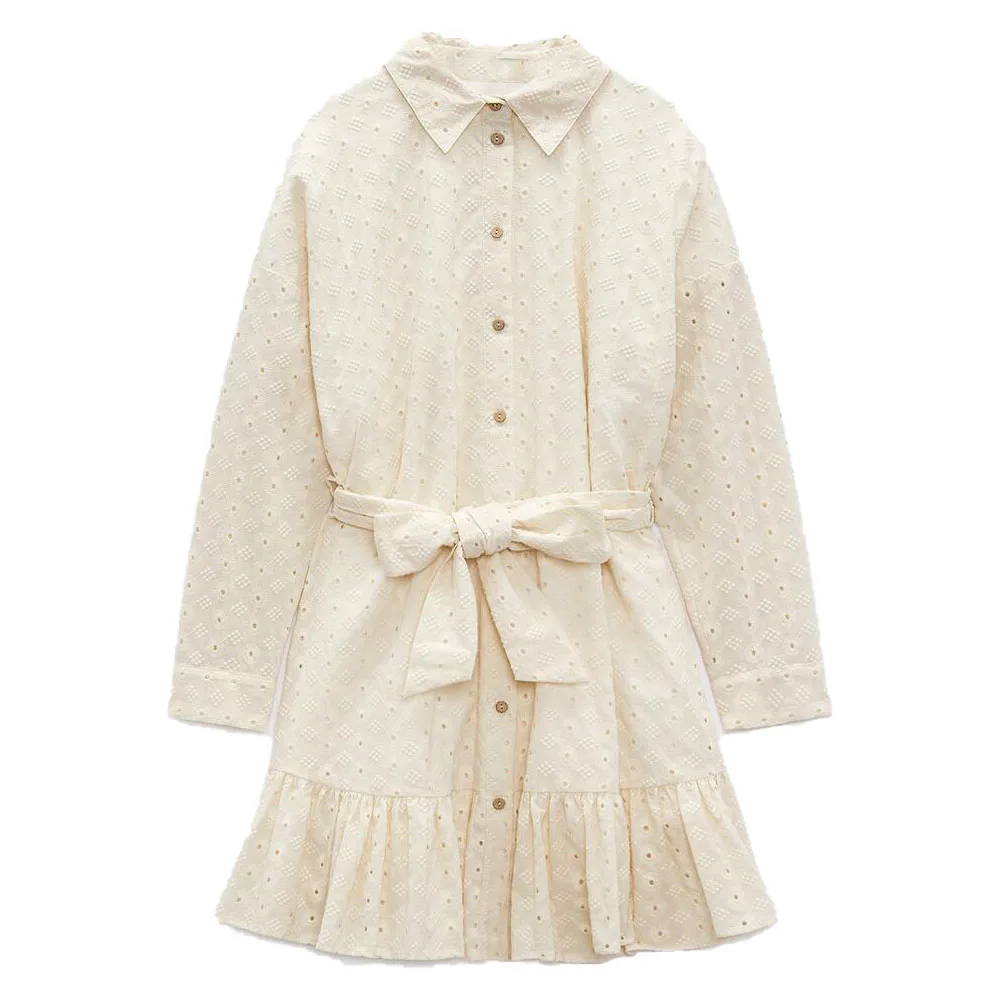 

Zach AiIsa summer new women's temperament simple and versatile lapel long-sleeved hollow embroidered shirt-style lace-up dress