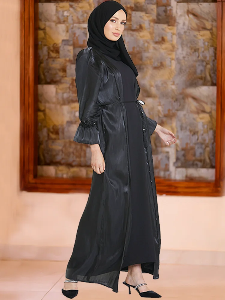 Abaya Muslim Woman Open Cardigan Set Luxury Turkey Dubai Abaya Femme Musulman Moroccan Kaftan Blooming Cuff Islamic Prayer Dress