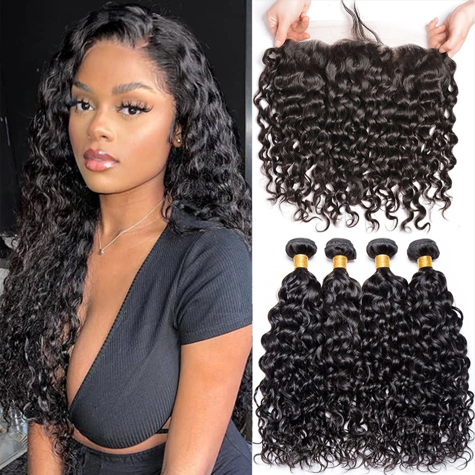 

Indian Water Wave Bundles With Frontal Closure 100% Remy Human Hair 3 Bundles With Ear To Ear Frontal 13x4 Deep Curly Hair Weave