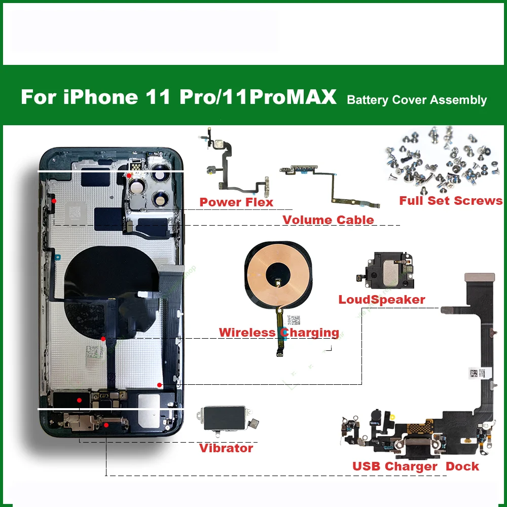Enlarge Suitable for iPhone 11Pro/11PROMax battery back cover, middle case, SIM card tray, side key assembly, soft case cable installati