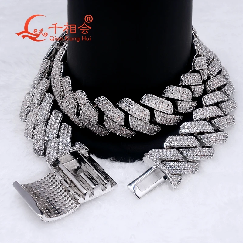 Necklace 20-25mm  925  Silver three rows Cuban Link Iced Out Hip Hop white Moissanite  Chain Jewelry for Women Men Gifts