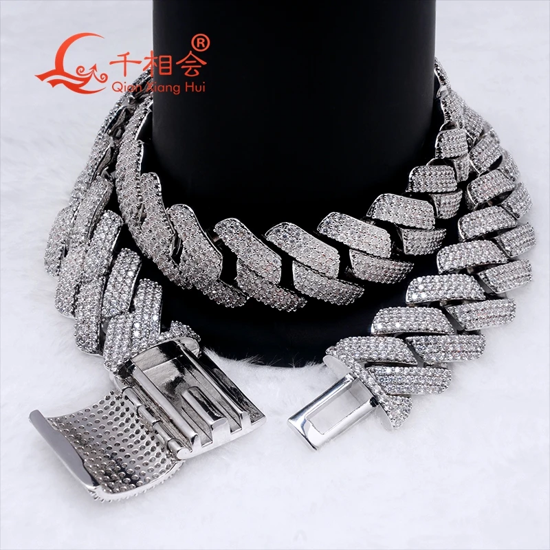 Bracelet 12-18mm  925  Silver three rows Cuban Link Iced Out Hip Hop white Moissanite  Chain Jewelry Women Men Gifts