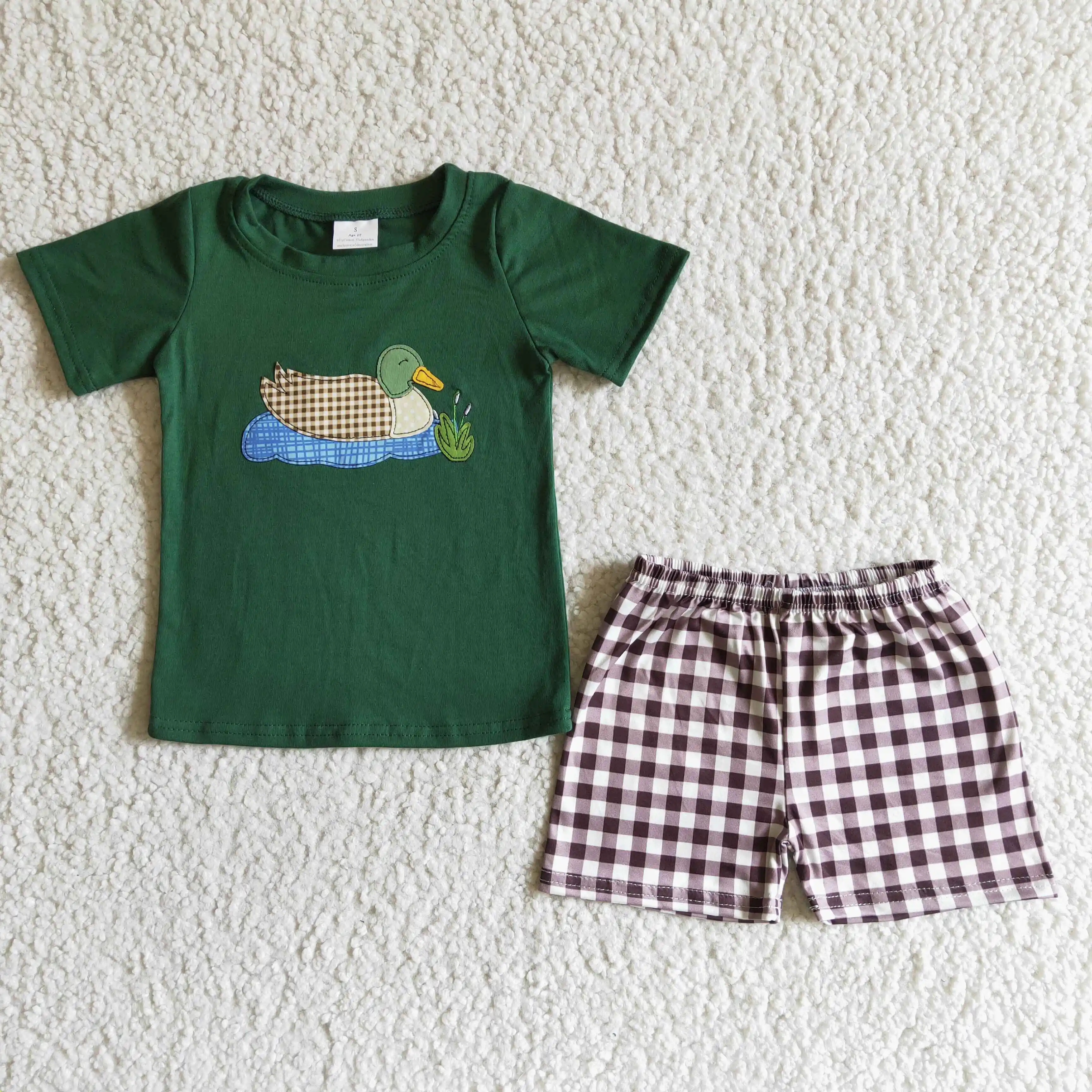 

kids wear outfit summer 2 piece boy clothing set duck green short sleeve top and black plaid shorts toddler clothing set