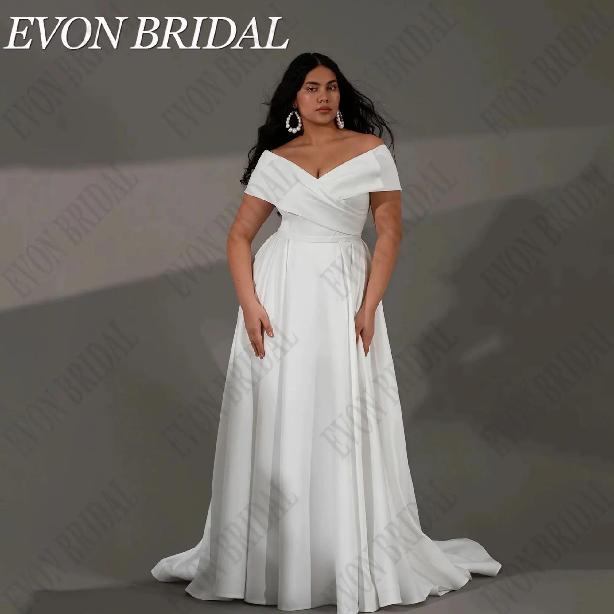 Фото EVON BRIDAL Свадебные платья с открытыми плечами Большие размеры Женское атласное платье трапециевидной формы для невесты цвета слоновой кости Vestidos De Novia со шлейфом по индивидуальному заказу №1