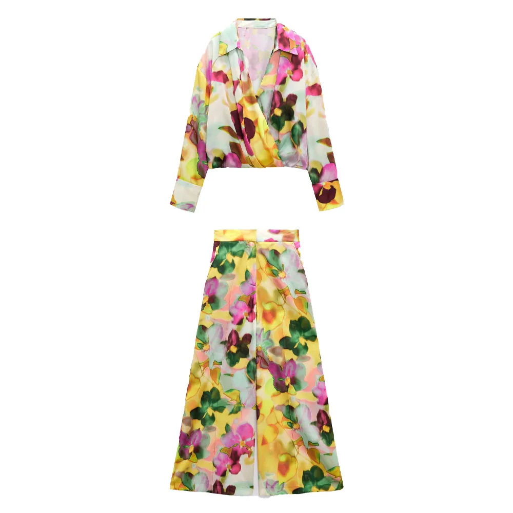 

Zach AiIsa Summer New Women's V-Neck Cross Vintage Print Long Sleeve Top + Temperament High Waist Wide Tube Drape Trousers