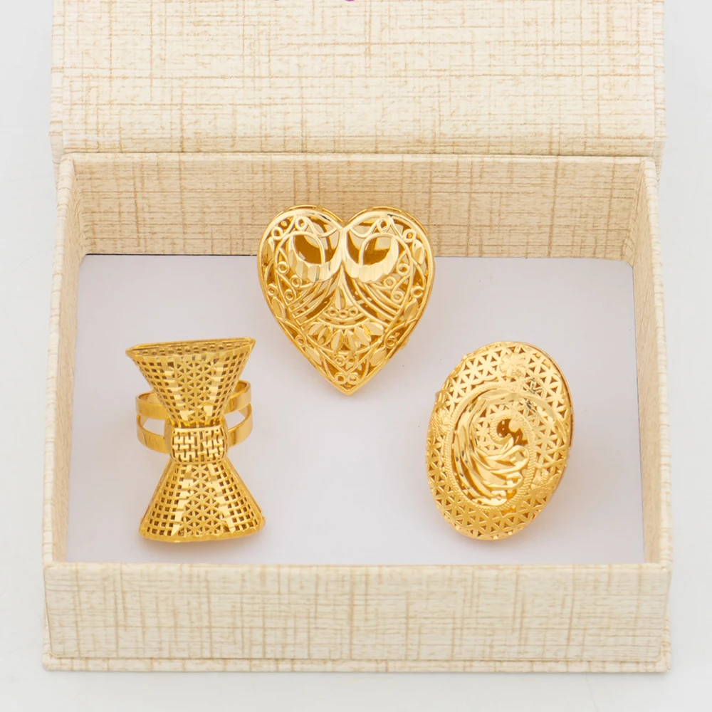 Italian Gold Color Rings Jewelry Set Hollow Out Design Finger Ring Dubai African Adjustable Flower Ring with Gift Box for Bride