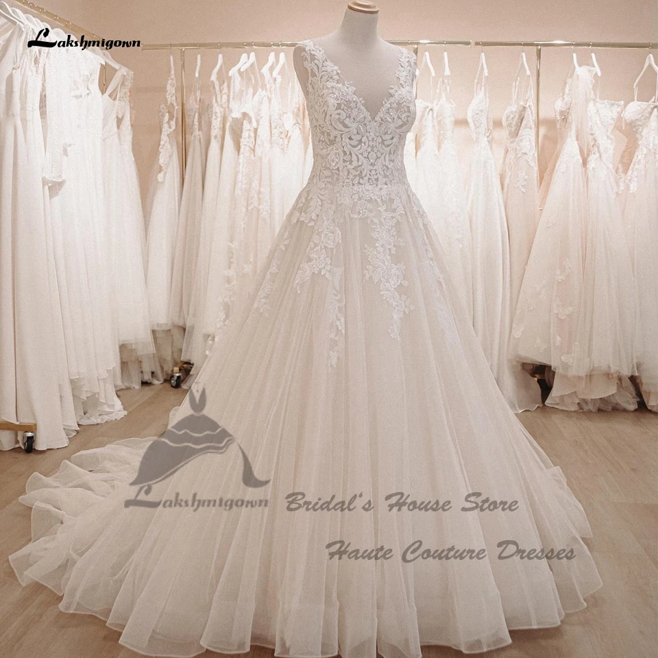 

Lakshmigown свадебное платье трапециевидной формы с бусинами на тонких бретельках 2022 длинное платье с V-образным вырезом кружевные аппликации