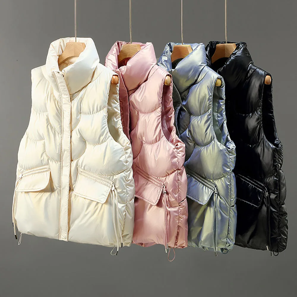 

Winter Casual Short Down Vest For Women Solid Color Pocket Stand Collar Sleeveless Warm Down Jacket Women's Winter Tops