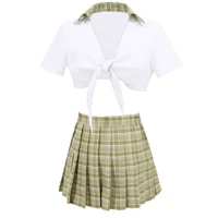 high waisted women sexy school girl costumes cosplay 2 piece crop short shirt with plaid pleated skirt school uniform girls