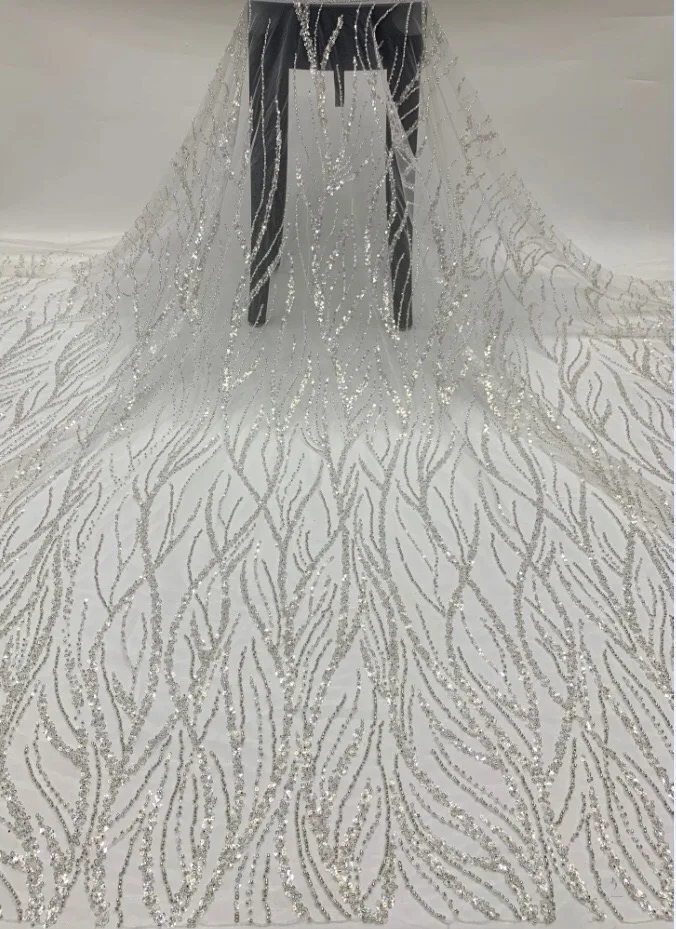 

5Yards New arrivals willow leaf silver beads with 3mm crystal sequins on mesh embroidery wedding dress cheongsam lace fabric