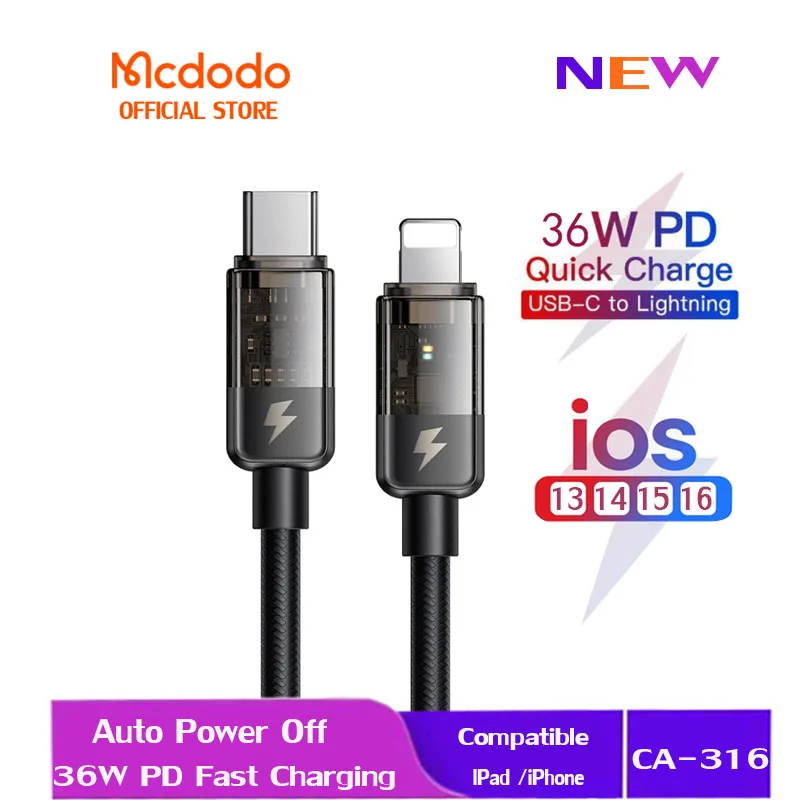 

Mcdodo 36W PD Auto Power Off Type C to Lightning Fast Charging Data Cable For iP 14 Pro Max 13 12 11 Xr 8 CA-316