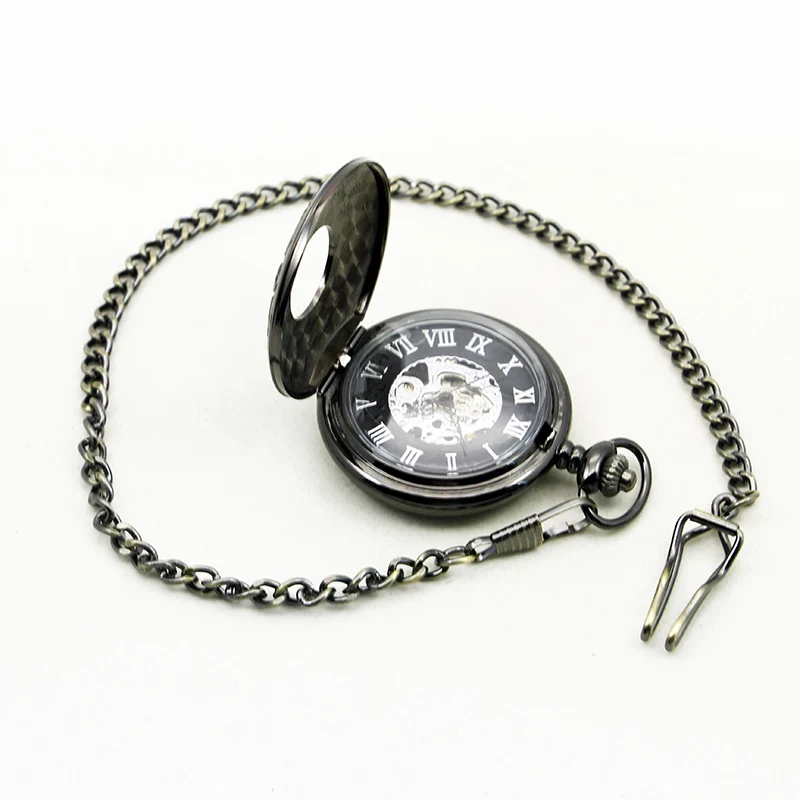 Cool Black Steam Roman Numbers Mechanical Automatic Pocket Watch Fob Watches Casual Skeleton Clock relojes de bolsillo
