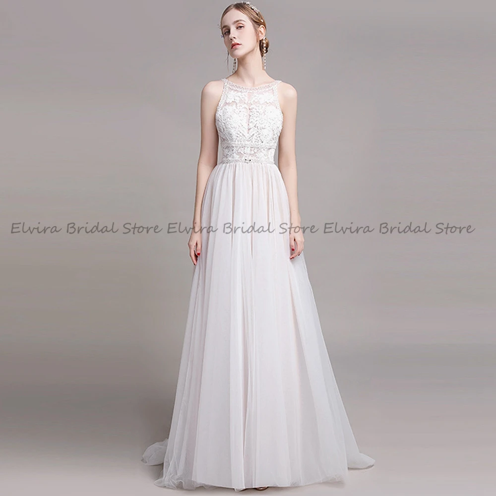 

High Quality Sleeveless Wedding Dresses 2023 Jewel Women A-Line Pearls Applique Lace Backless Sweep Train Tulle Bridal Gowns