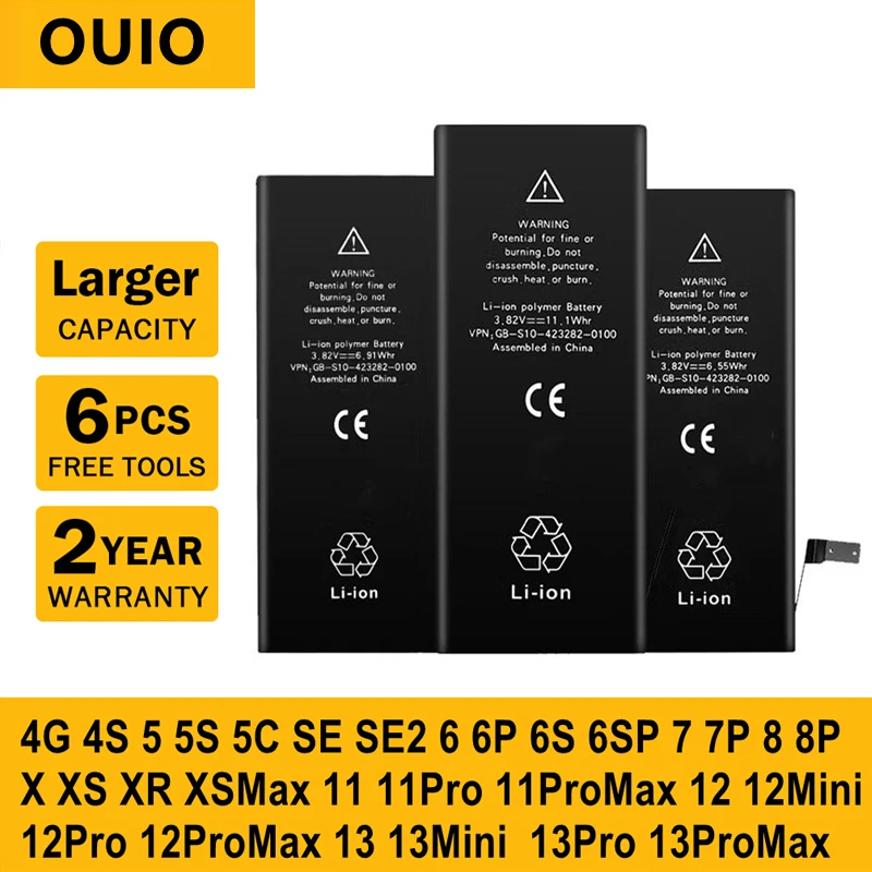 

OUIO Battery For iPhone 6 6S 7 8 Plus X XS XR Original High Capacity Bateria Replacement Batterie For iPhone 11 12 13 Pro Max