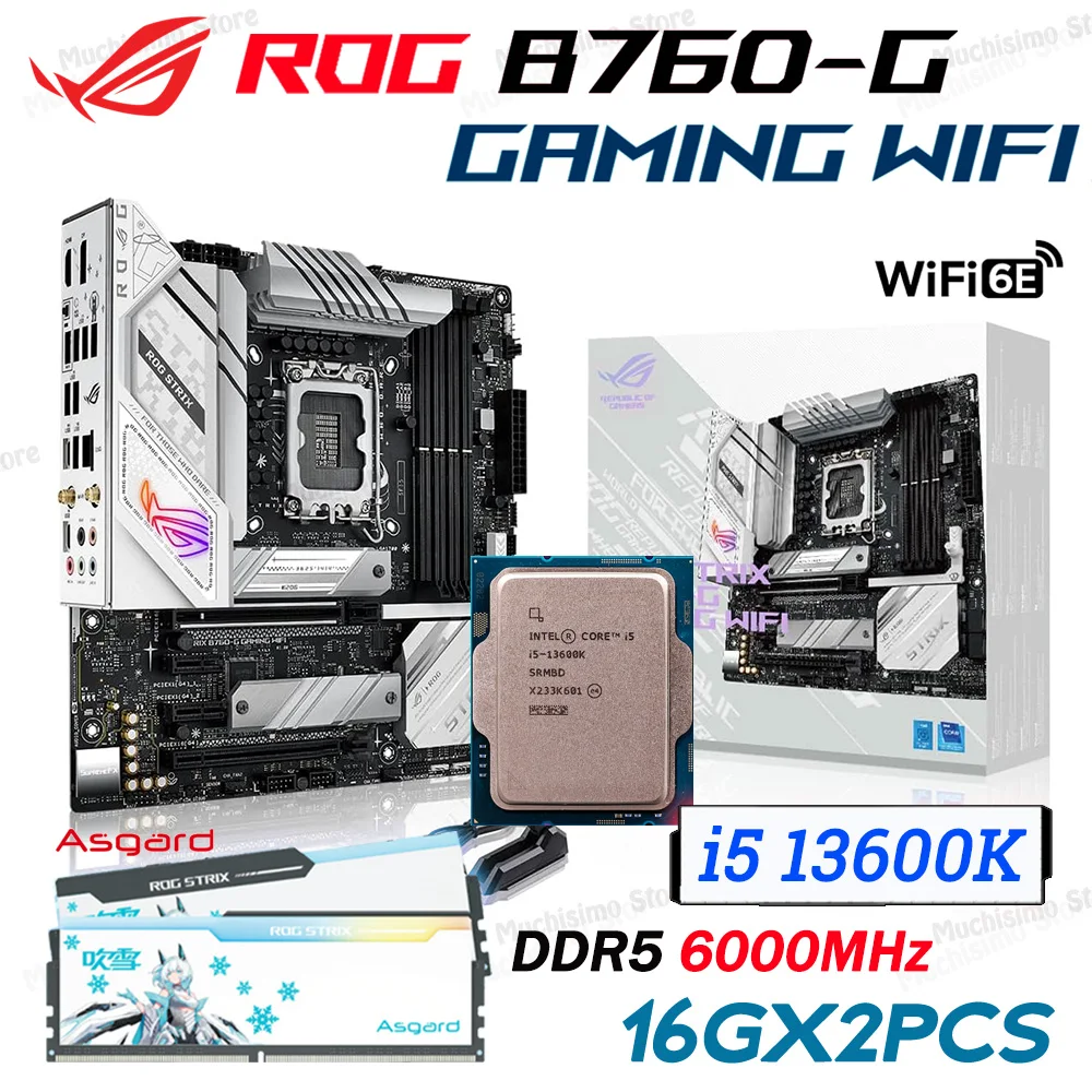 

ASUS ROG STRIX B760-G GAMING WIFI DDR5 LGA 1700 M.2 With Processor Intel Core i5 13600K Asgard 6000MHz 32GB RGB Memory Combo