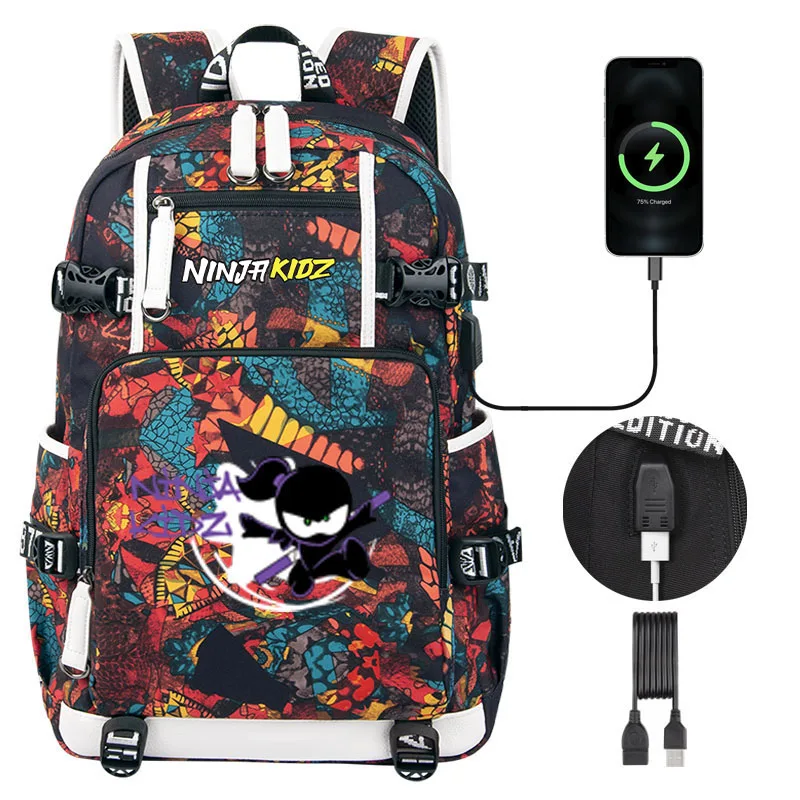 Cartoon Ninja Kidz Printing Backpack for Teenage Kids Students Schoolbag USB NinjaKidz Boy Girl Laptop Shoulder Bag Mochila