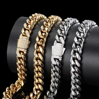 fashion jewelry bling diamond clasp stainless steel miami cuban link chain 18k gold plated necklace