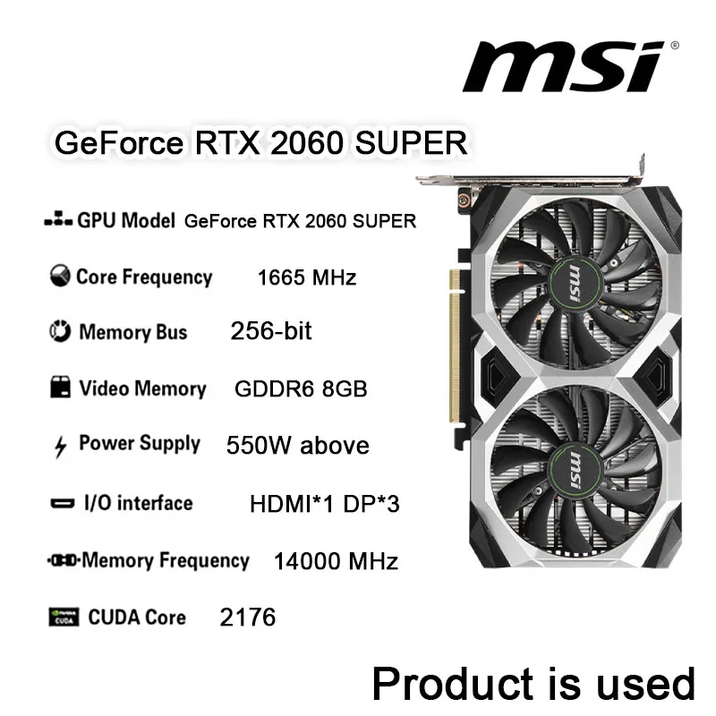 Бывшая в употреблении Видеокарта MSI GeForce RTX 2060 S 2060 SUPER 8G NVIDIA GAMING 12 нм 14000 МГц GDDR6 бит Поддержка процессора AMD Intel для настольных ПК
