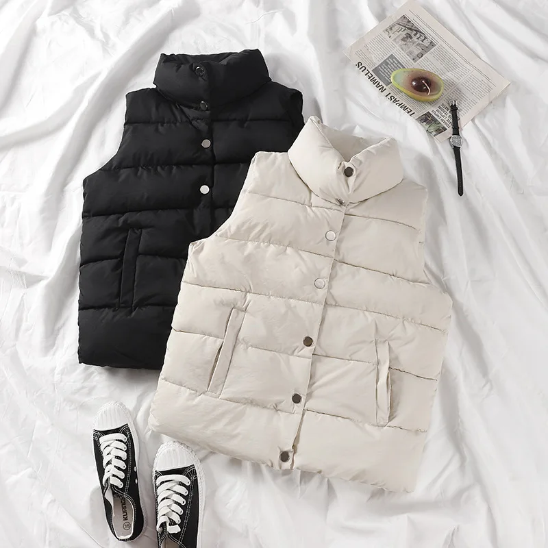 

Autumn Winter Women Down Vest Stand Collar Waistcoat Sleeveless Outerwear Cotton Padded Jacket Female Warm Puffer Vests traf NEW