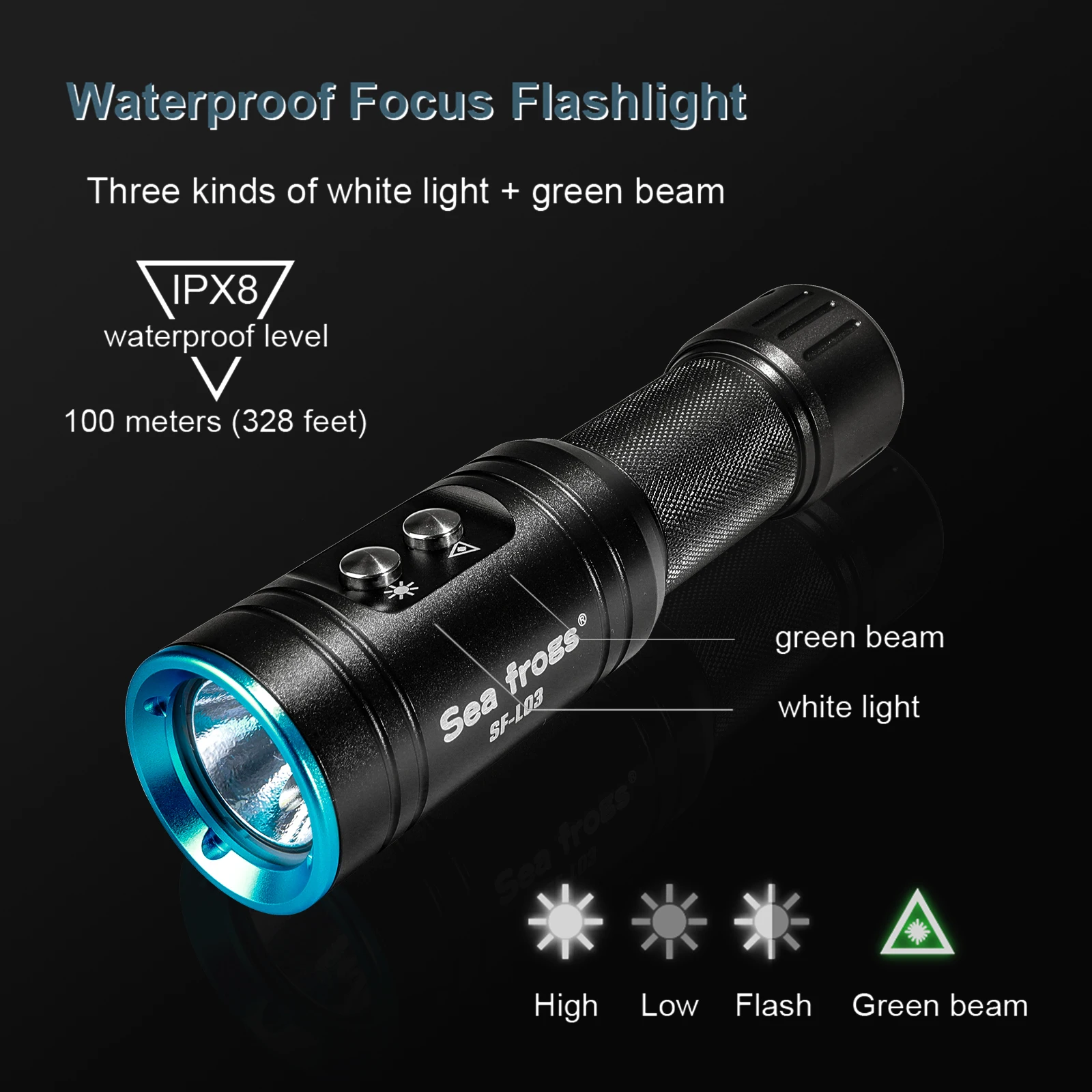 Фото Seafrogs SF-L03 Фонарик для дайвинга 1000LM Вспышка с зеленым светом Speedlight 100M Водонепроницаемый подводный фонарь для дайвинга №1