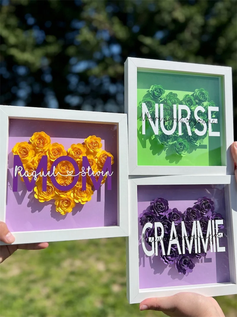 Personalized Mom Shadowbox with Foam Flowers Custom Name Flower Frame Customized Mom Gift