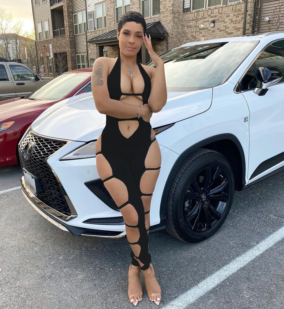 

OLOMLB Summer Women's Jumpsuit Bodysuit Sexy Outfit Nightclub Jumpsuits Short Off Shoulder Hanging Neck Hollow Female Clothing