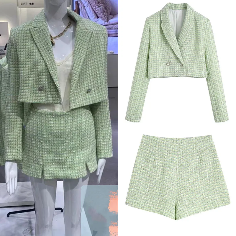 

PB&ZA 2022 Summer New Women's Texture Checkered Short -sleeved Suit Jacket Skirt, Commute Set