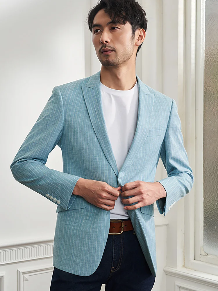

Men Suits Blazer Slim Fit Light Blue Stripe 2022 Spring Summer Fashion Leisure Jackets Single One Button Fathers Day Gift 56