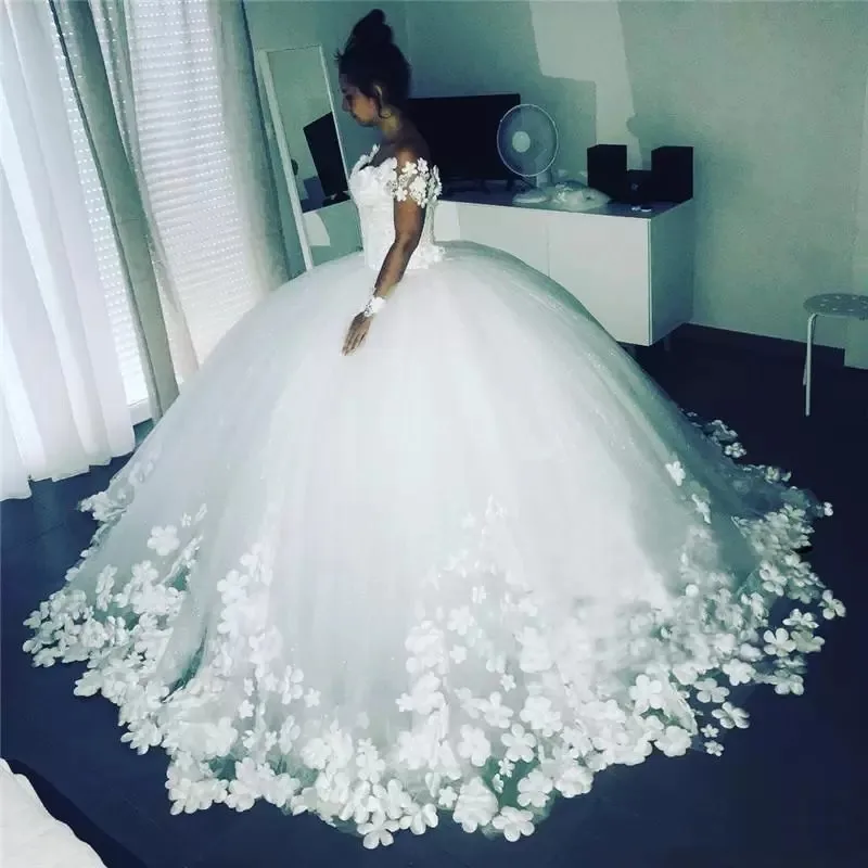 

3D Floral wd253 Ball Gown Off Shoulder Lace African Arabic Black Girl Bridal Gowns Vestido De Novia