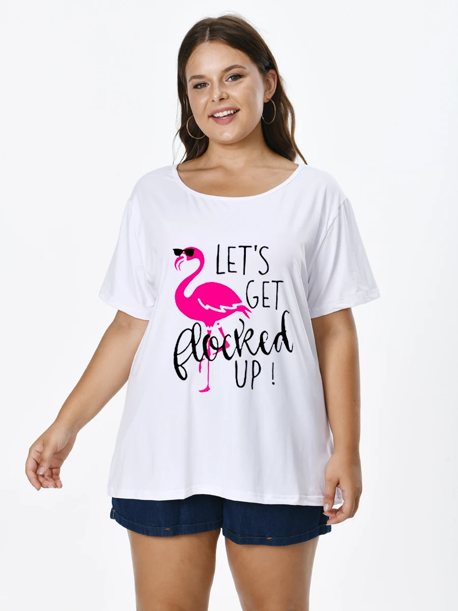 

Plus Size Women T-shirt With Flamingo Print O-neck Short Sleeve Tops for FEMMES Large Tunics Blouses Mujeres Talla 22061201