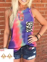 summer sleeveless t shirt women tie dye leopard pocket hollow out tank top casual o neck camis sport vest gift pair of earrings