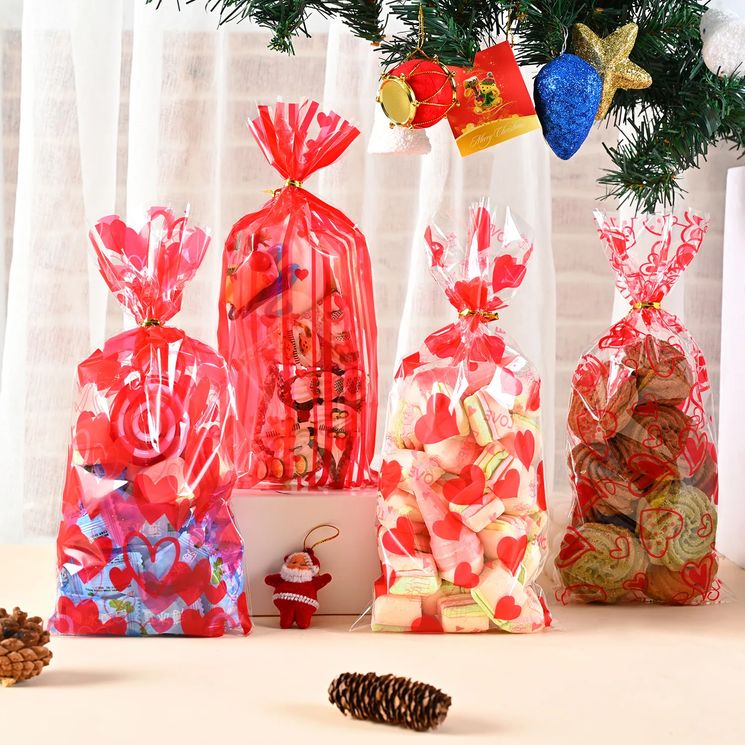 

25-50pcs Red Love Heart Gift Pouches Valentine Clear Cellophane Bags Cookie Treat Bags for Wedding Party Favor Gifts Goodies Bag