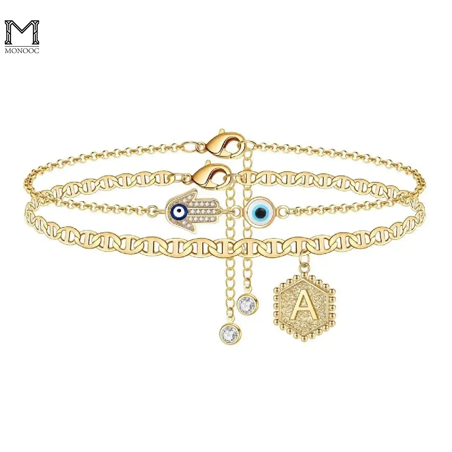 

MONOOC Evil Eye Ankle For Women 14K Gold Plated Layered Anklet Evil Eye Anklet for Women Hexagon Pendant Initial Letter Jewelry