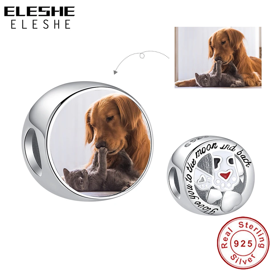

925 Sterling Silver Enamel Paw Print Beads I Love You To The Moon and Back Custom Photo Charm Fit Original Bracelet DIY Jewelry
