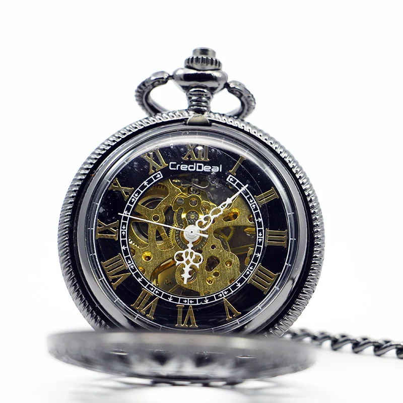 Steampunk Black Hollow Carving Mechanical Pocket Watch Roman Numerals Display Pin Chain Retro Clock Collectibles reloj hombre