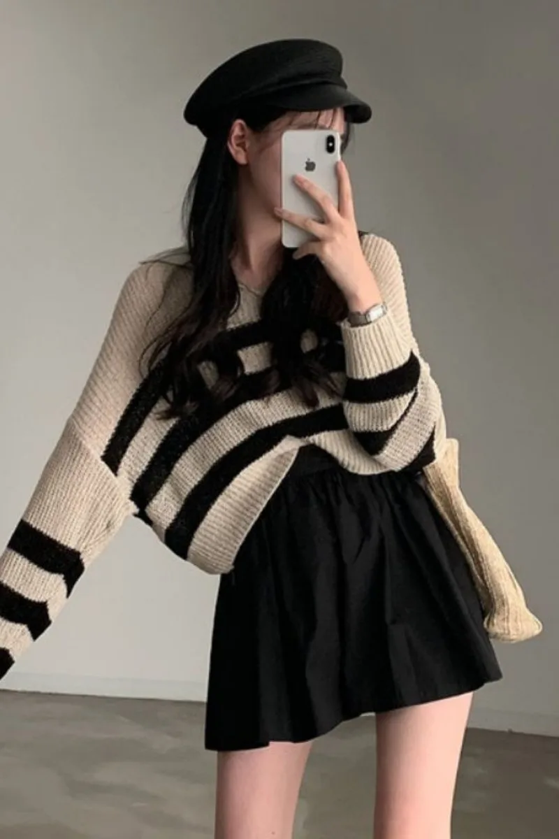 Женский ТрикоТажный Свитер-поло С Длинными Рукавами В Полоску