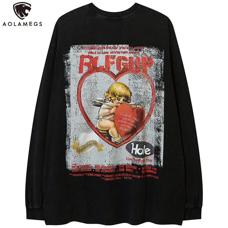 

Aolamegs Men Oversized Sweatshirt Retro Heart Baby Angel Graphics Print Long Sleeves Pullover Hip Hop Harajuku Gothic Streetwear