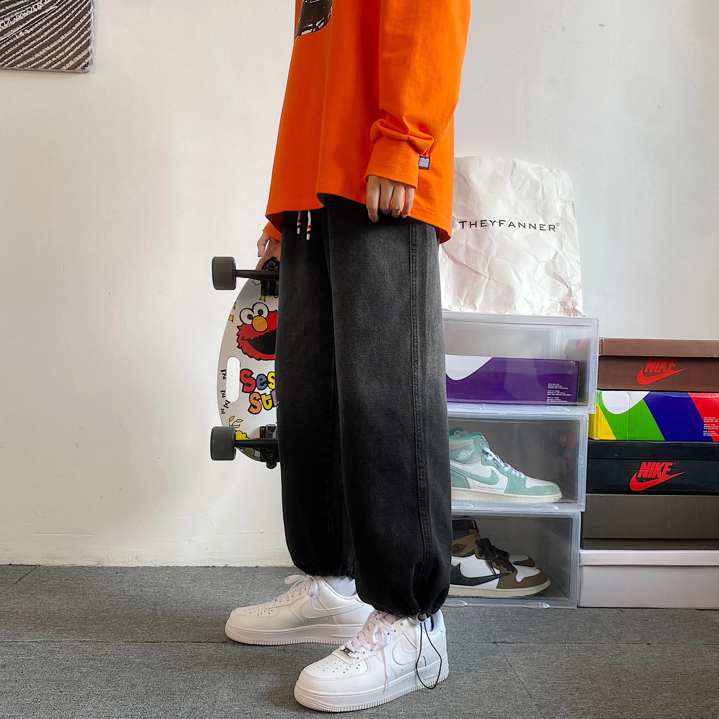 2023 Spring Autumn Black Jeans Fashion Design Casual Ankle Banded Pants Loose Straight Men's Clothing