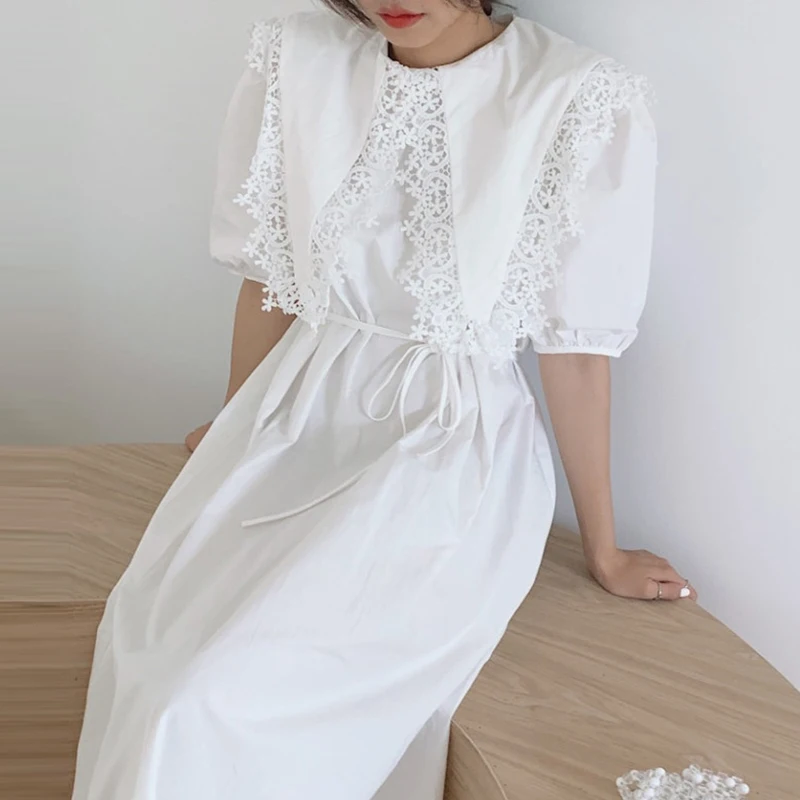 

Clothland Women Sweet Lace Midi Dress Peter Pan Collar Short Sleeve Sashes White Black Female Mid Calf Dresses Vestido QB158