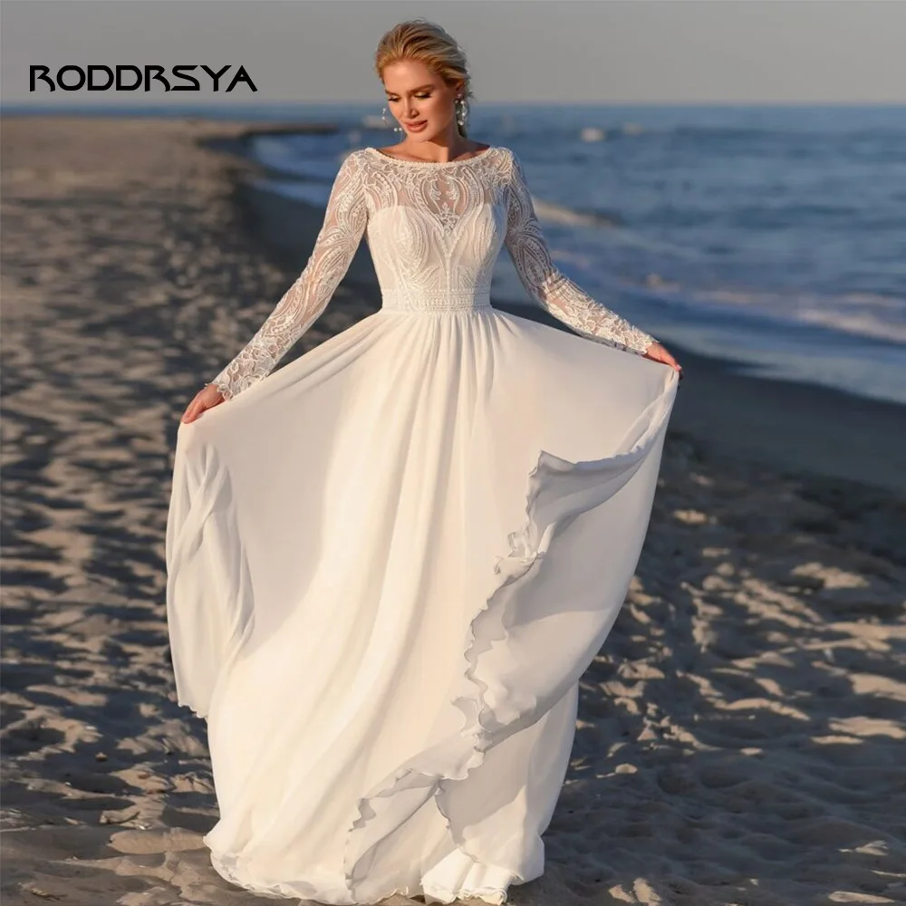 

RODDRSYA 2022 Boho Wedding Dress White Long Sleeves Scoop Illusion Lace A Line Bridal Gown Sweep Train Chiffon Beach Bride Robe