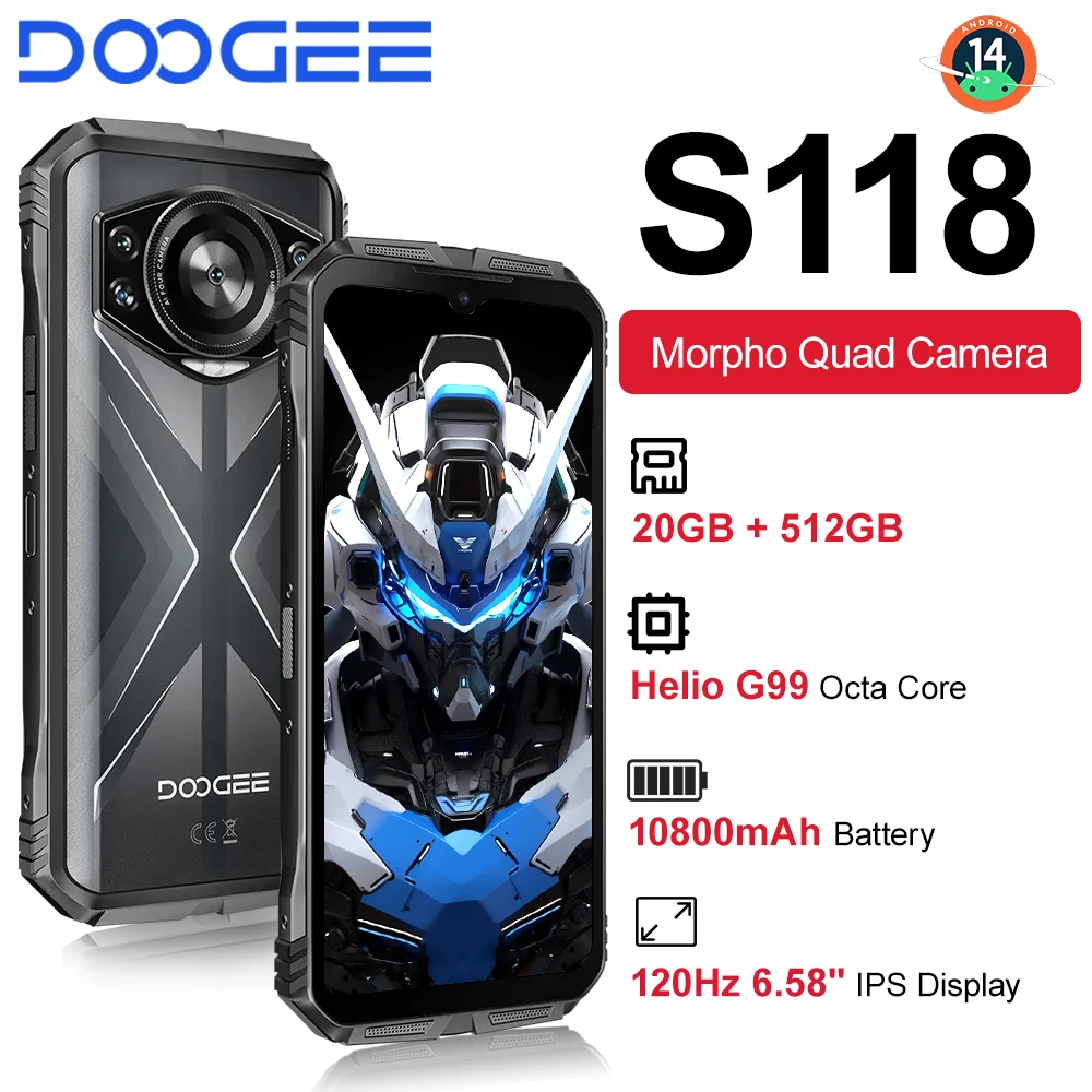 Фото DOOGEE S118 — защищенный телефон с 6,58-дюймовым экраном FHD+, процессором Helio G99, портативным телефоном, 8 ГБ оперативной памяти + 512 ГБ встроенной памяти, аккумулятором 10800 мАч, тройным модулем 50 МП, Android 1 №1