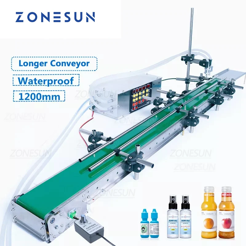 

ZONESUN ZS-DPYT200L 1,2 м конвейерная лента, автоматическая машина для розлива воды, сока, мигающие капли, парфюмерный наполнитель для бутылок